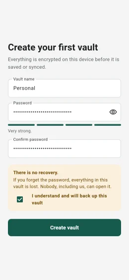 Creating a vault: the password must be strong before you can continue.